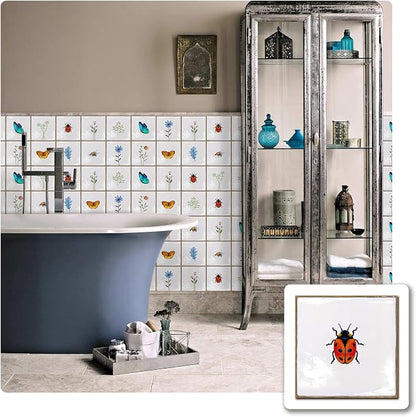 Alwayspon Vinyl Sticker Peel and Stick, Self-Adhesive Wall Tile Transfers Backsplash Sticker Decal for Kitchen Bathroom, 6x6inch/15x15cm 30Pcs, Insects and Plants T037