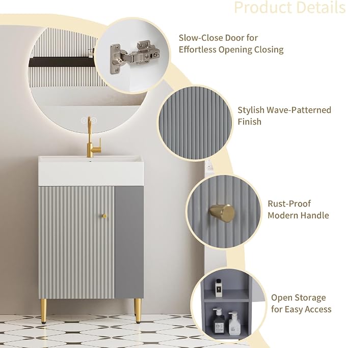 21.6" Freestanding Bathroom Vanity with Ceramic Sink, Matte Gray | Ceramic Sink, Wave-Pattern Door & Two-Layer Right Open Compartment, Bathroom Storage Cabinet, Easy Installation