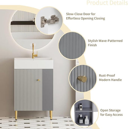 21.6" Freestanding Bathroom Vanity with Ceramic Sink, Matte Gray | Ceramic Sink, Wave-Pattern Door & Two-Layer Right Open Compartment, Bathroom Storage Cabinet, Easy Installation