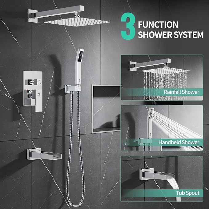 SR SUN RISE 10 Inch All Metal Square Shower System with Tub Spout, Tub Shower Faucet Set, High Pressure Rain Shower Head and Handheld Sprayer Shower Fixtues, Valve Included, Polished Chrome