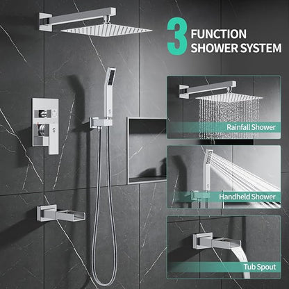 SR SUN RISE 10 Inch All Metal Square Shower System with Tub Spout, Tub Shower Faucet Set, High Pressure Rain Shower Head and Handheld Sprayer Shower Fixtues, Valve Included, Polished Chrome