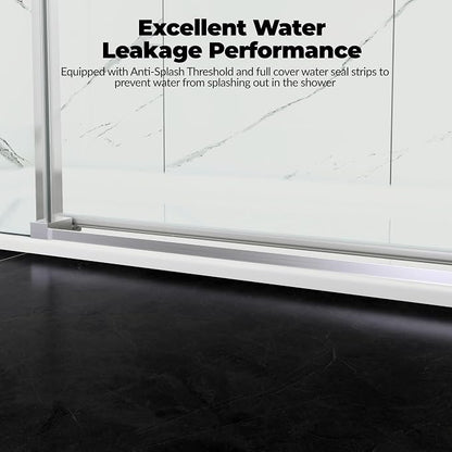 Frameless Sliding Shower Door 56–60 inch W x 76 inch H, Sliding Shower Door with Fixed Panel, Stainless Steel Round Rail, 8mm Tempered Glass with Coating, Single Sliding Shower Door, Brushed Finish