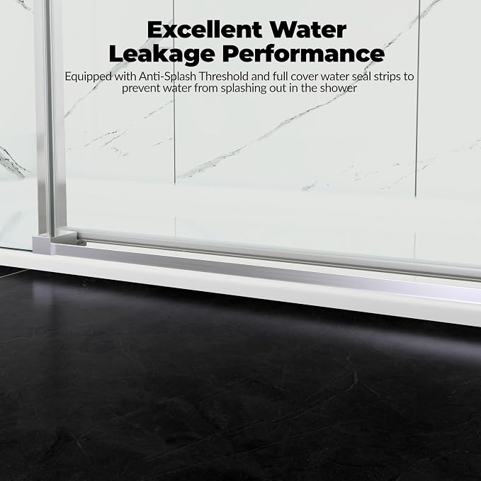 Glass Shower Door 56–60 Inch W x 76 Inch H,Frameless Sliding Shower Door with Fixed Panel, 8mm Coated Tempered Glass, Stainless Steel Round Track, Brushed Nickel