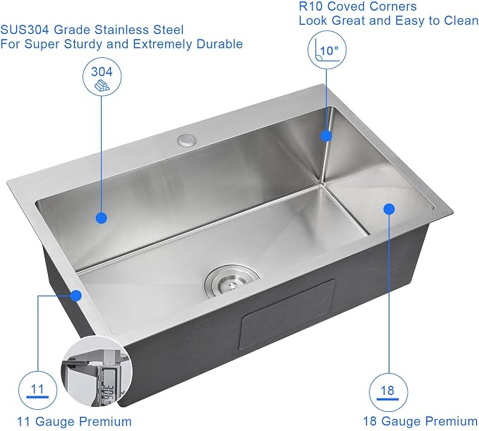 28"x18" Drop-In Kitchen Sink 304 Stainless Steel Brushed | 28 inch Drop in Sink | 304 SS Handmade | Topmount | 9" Deep Bowl | Drain Kit Included | Family Kitchen/Prep | Large Capacity