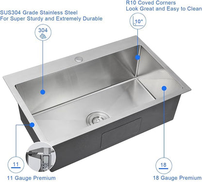 28"x18" Drop-In Kitchen Sink 304 Stainless Steel Brushed | 28 inch Drop in Sink | 304 SS Handmade | Topmount | 9" Deep Bowl | Drain Kit Included | Family Kitchen/Prep | Large Capacity