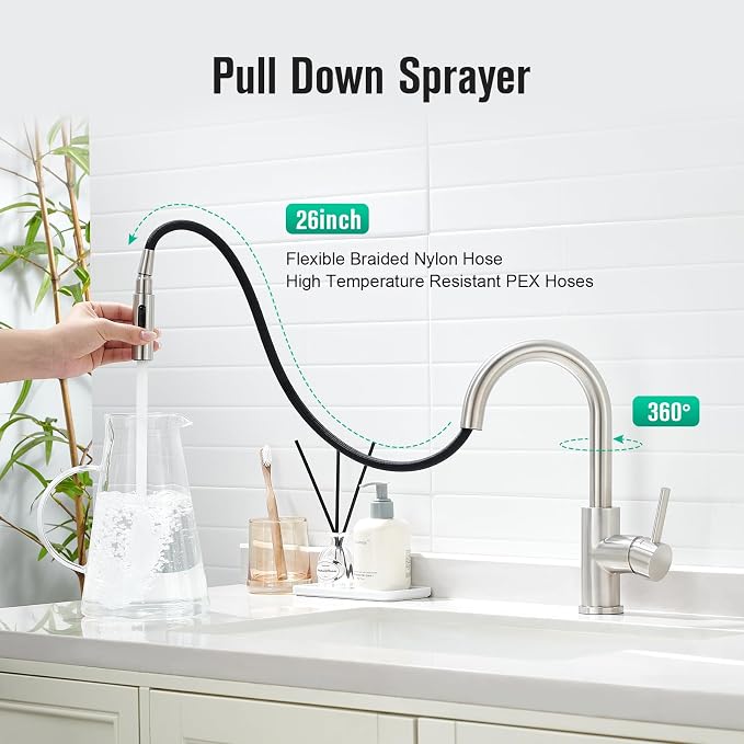 CREA Bathroom Faucet with Pull Out Sprayer,Brushed Nickel Single Handle Kitchen Bar Faucets for Mini Sink Pull Down Vanity Mixer Tap 2 Water Modes,cUPC/NSF