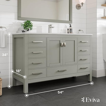 Eviva London 54 Inch Bathroom Vanity White Vanity Bathroom Sink Cabinet W/Quartz Countertop Porcelain Single Sink Design for Modern Bathrooms
