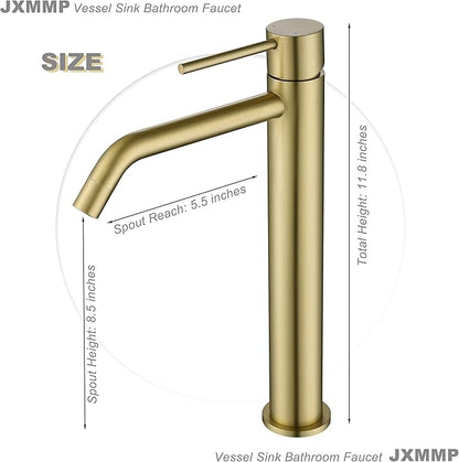 Brushed Gold Vessel Sink Faucet with Pop Up Drain and Supply Lines, Stainless Steel Gold Vanity Faucet Single Hole, JXMMP Single Handle Bathroom Faucet Gold, JXM1001BG