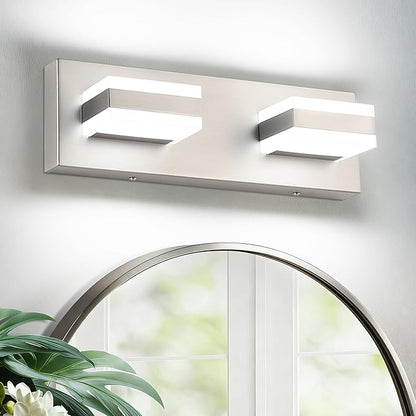SOLFART 2 Light Brushed Nickel Vanity Lights for Bathroom Above Mirror, Modern Light Led Lighting Fixture, 14 Inch Nickel Bathroom Lighting Fixture Cool Light