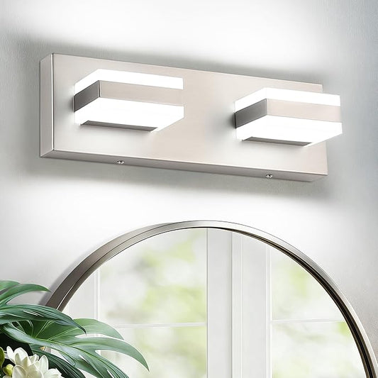 SOLFART 2 Light Brushed Nickel Vanity Lights for Bathroom Above Mirror, Modern Light Led Lighting Fixture, 14 Inch Nickel Bathroom Lighting Fixture Cool Light