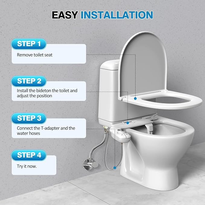 Non-Electric Bidet Attachment, Self-Clean Dual Nozzles, Adjustable Pressure | Ultra Slim Intuitive One-Touch, Retractable Nozzle Structure, Cold Water Rear & Feminine Washing Modes, Stainless Steel Iniet