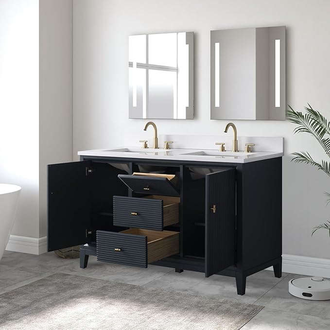 Vanity Art 54" Bathroom Vanity with Double Sink & Arabescato White Engineered Stone Top,Soft Closing Door, Solid Wood Frame, Golden Brushed Handles, Vintage Spruce Blue VA8154D-VSB-GB