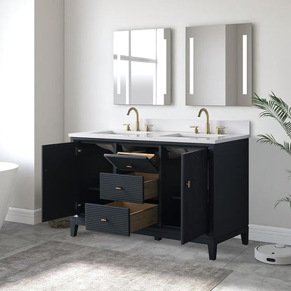 Vanity Art 54" Bathroom Vanity with Double Sink & Arabescato White Engineered Stone Top,Soft Closing Door, Solid Wood Frame, Golden Brushed Handles, Vintage Spruce Blue VA8154D-VSB-GB