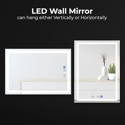 30x40 Inch Rectangular LED Bathroom Mirror with Lights Front and Backlit, 3 Color Modes, Touch Dimmer, Anti-Fog - Wall Mounted Vanity Mirror for Bathroom, Bedroom - Fab Glass and Mirror