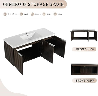 SSLine Wall Mounted Bathroom Vanity with Sink Combo Modern 48-Inch Single Bathroom Vanity Set with Top Basin &Storage Cabinet Wood Hanging Bath Cabinet w/Resin Sink(Dark Brown Stripe)