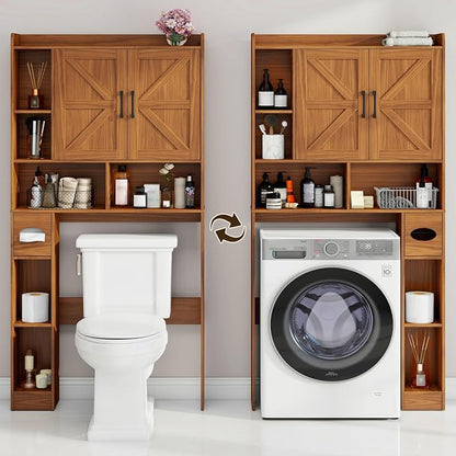 Vabches Over The Toilet Storage Cabinet with 2 Barn Doors, Caramel | Farmhouse Storage Cabinet with Toilet Paper Holder Stand，Home Space-Saving Toilet Rack, for Bathroom, Restroom, Laundry
