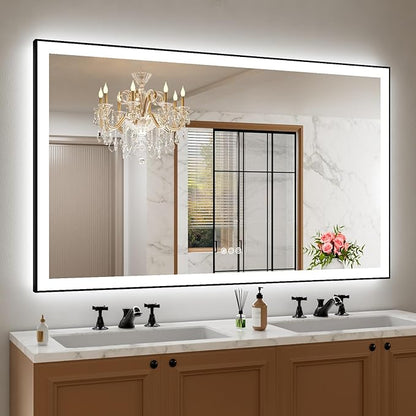 60"x36" LED Bathroom Mirror, Frontlit&Backlit, Controlled Separately | Black Metal Frame, Stepless Dimmable, Anti-Fog, HD Reflection, Shatter-Proof, 3 Colors Lighting, Memory, UL Listed