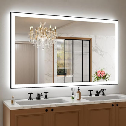 60"x40" LED Bathroom Mirror, Frontlit&Backlit, Controlled Separately | Black Metal Frame, Stepless Dimmable, Anti-Fog, HD Reflection, Shatter-Proof, 3 Colors Lighting, Memory, UL Listed