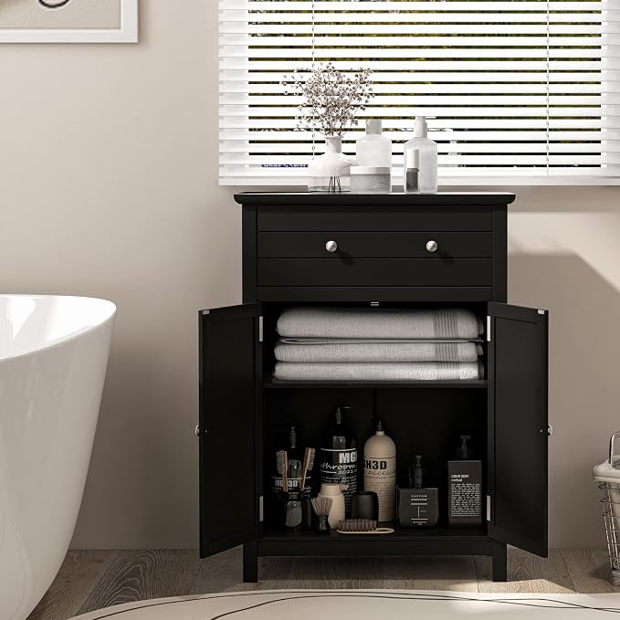 Giantex Bathroom Storage Cabinet with Drawer - Floor Cabinet with Doors, Adjustable Shelf, Storage Organizer for Entryway, Kitchen, Living Room, Freestanding Cupboard (Black)