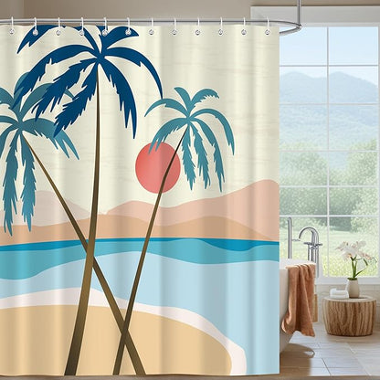 Beach Shower Curtain, Summer Boho Tropical Palm Tree Sunset Mid Century Abstract Modern Bathroom Decor, Waterproof Fabric Polyester Bathroom Curtain with 12 Hooks 72x72 in