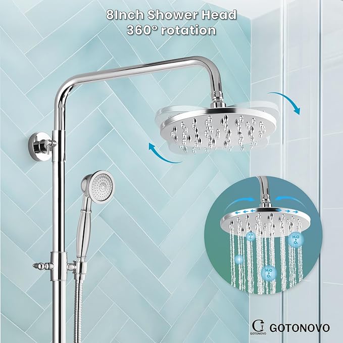 gotonovo Exposed Shower Faucet Set 8 Inch Rainfall Showerhead 3-Function Shower Fixture with Tub Spout 2 Corss Handles Shower System, Polish Chrome