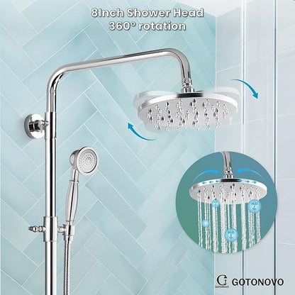gotonovo Exposed Shower Faucet Set 8 Inch Rainfall Showerhead 3-Function Shower Fixture with Tub Spout 2 Corss Handles Shower System, Polish Chrome