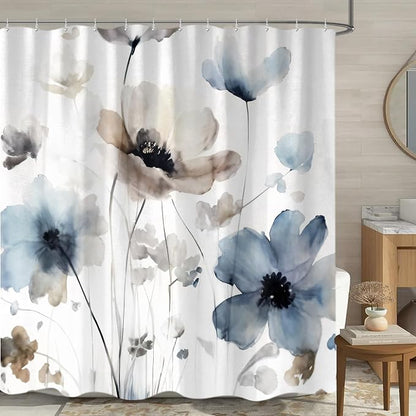 Sanzugh Boho Floral Shower Curtain, Cream Tan Beige Blue Grey White Watercolor Flower Fabric Shower Curtains Set for Bathroom Decoration with Hooks 60 X 72 inch Cute Farmhouse Bath Decor