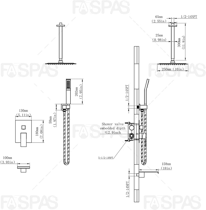 Shower System with 10-Inch Rain Head and Tub Spout | All-Metal Tub Shower Faucet Set, Ceiling Mount Rain Showerhead, Handheld Spray, Includes Valve and Trim Kit, Matte Black