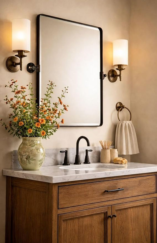 Farmhouse Pivot Rectangle Bathroom Mirror Matt Black Metal Framed Tilting Beveled Vanity Mirrors for Wall, Overall 27.91x 30 inches (Mirrror 24 x 30 inches)