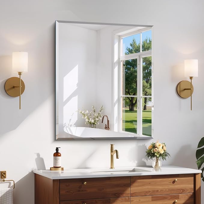 CILIBER Beveled Mirror, 30x36 Frameless Beveled Bathroom Mirrors for Wall, 3mm Tempered Glass Rectangle Vanity Mirror with Beveled Edge, Crystal-Clear, Hangs Horizontally or Vertically