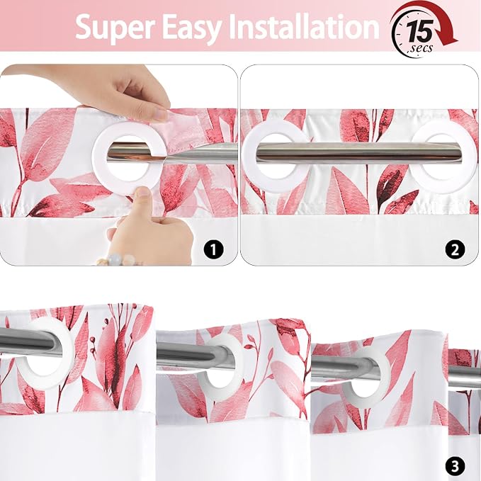 No Hook Shower Curtain and Liner Set, Pink Eucalyptus 71x77 | Floral Design, with Snap in Liner, See-Through Top Window, Waterproof, Machine Washable, Quick-Drying, for Hotel Bathroom