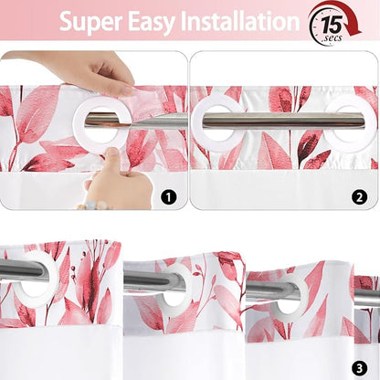 No Hook Shower Curtain and Liner Set, Pink Eucalyptus 71x77 | Floral Design, with Snap in Liner, See-Through Top Window, Waterproof, Machine Washable, Quick-Drying, for Hotel Bathroom