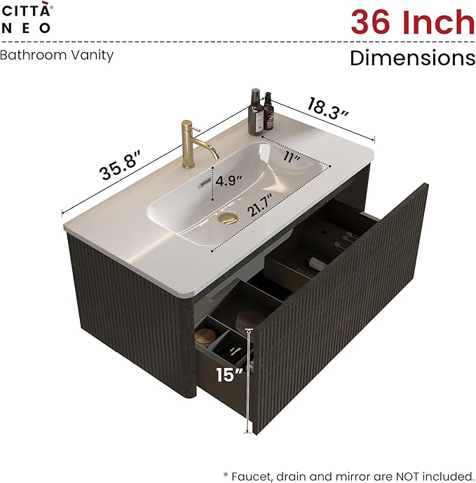 36" Floating Bathroom Vanity with Sink, Modern Wall Mounted Floating Vanity with Ceramic Sink, Push to Open Soft-Close Drawer for Apartment, Hotel, Blackish Brown Oak