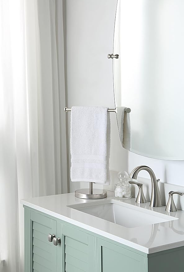 SunnyPoint Countertop Hand Towel Holder Stand – 16.5" Tall Stainless Steel T-Bar Rack with Weighted Base, Brushed Satin Nickel Finish – Jewelry Holder for Bathroom, Vanity, or Kitchen