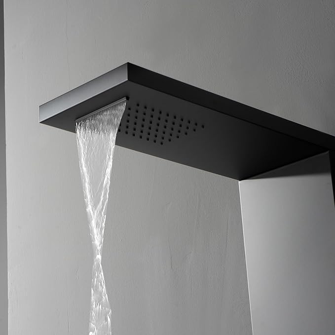 Matte Black Bathroom Shower Tower, 304 Stainless Steel Shower Panel Tower System with Rainfall Shower Head 4 Rain Massage Body Jets for Home Hotel Resort Bathroom Lavatory