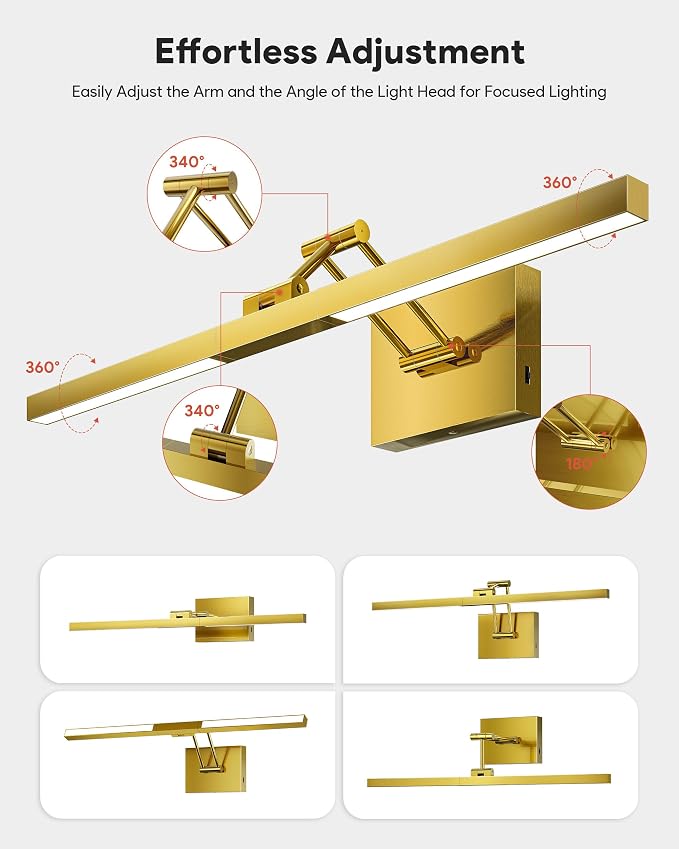 VONLUCE 24" Modern LED Bathroom Vanity Light, Brushed Gold | 3CCT, Flicker-free, 360° Rotatable Head & Swing Arm, IP44 waterproof Bathroom Light Fixture Over Mirror for Bathroom, Picture
