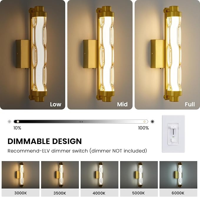 15.4" Gold Wall Sconces Set of 2, Modern Bathroom Sconces Wall Lighting with Ripple Glass Shade, 5CCT Dimmable LED Vanity Light 14W for Mirror, Bedroom, Hallway, Entryway