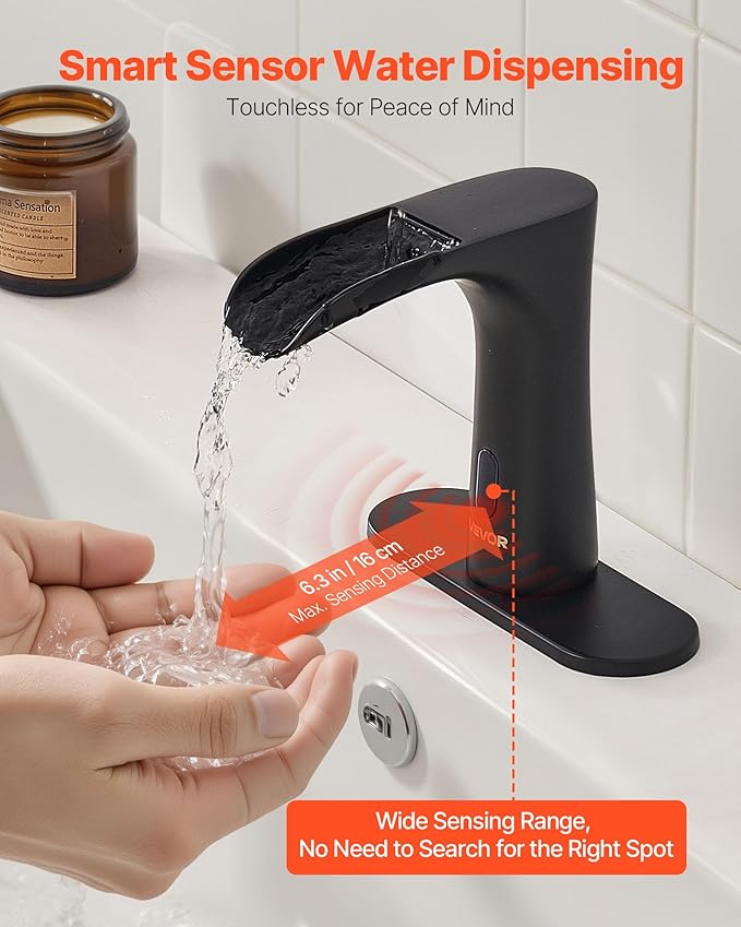 VEVOR Touchless Bathroom Sink Faucet, Automatic Motion Sensor Waterfall Restroom Toilet Faucet with Hole Cover Plate, Modern Electronic Sensor Hot/Cold Water for 9/16 in Pipe Commercial,Matte Black