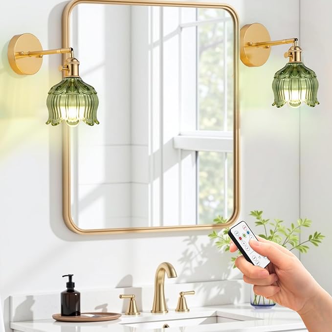 Vintage Battery Operated Wall Sconces, Sconces Wall Decor Set of 2 CCT Dimmable Recharging Wireless Wall Lights with Remote Control for Bedroom Living Room Bathroom Hallway Vanity Coffee Bar