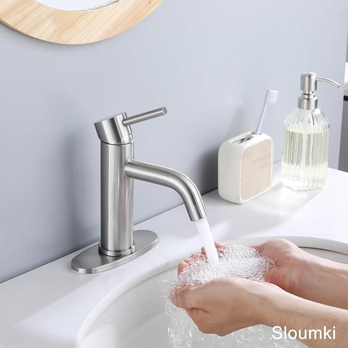 Bathroom Faucet Brushed Nickel Modern Bathroom Sink Faucet with Single Handle Suitable for 1 or 3 Holes, Supply Deck Plate and Hose