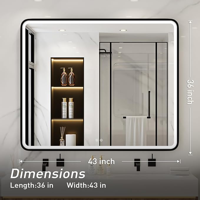 LED 43x36 Inch Lighted Bathroom Mirror,Black Frame,3 Color | ETL Listed,Anti-Fog,3000K/4500K/6000K Dimmable,Horizontal & Vertical,Wall Mounted,Memory Function,Ideal for Bathroom,Vanity