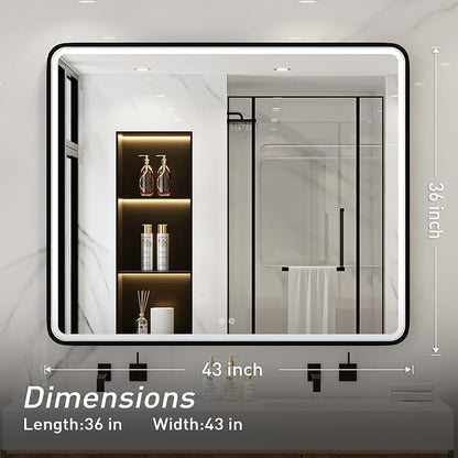 LED 43x36 Inch Lighted Bathroom Mirror,Black Frame,3 Color | ETL Listed,Anti-Fog,3000K/4500K/6000K Dimmable,Horizontal & Vertical,Wall Mounted,Memory Function,Ideal for Bathroom,Vanity