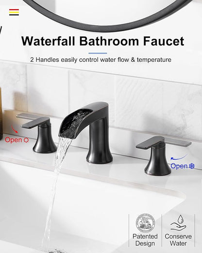 Oil Rubbed Bronze Widespread Waterfall Bathroom Sink Faucet 3 Hole, 4-8 Inch Brass Farmhouse Bathroom Faucets with Pop-up Drain and Supply Lines, 2 Handle for Vanity, Lavatory, Restroom