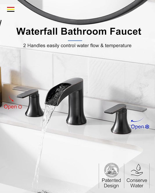 Oil Rubbed Bronze Widespread Waterfall Bathroom Sink Faucet 3 Hole, 4-8 Inch Brass Farmhouse Bathroom Faucets with Pop-up Drain and Supply Lines, 2 Handle for Vanity, Lavatory, Restroom