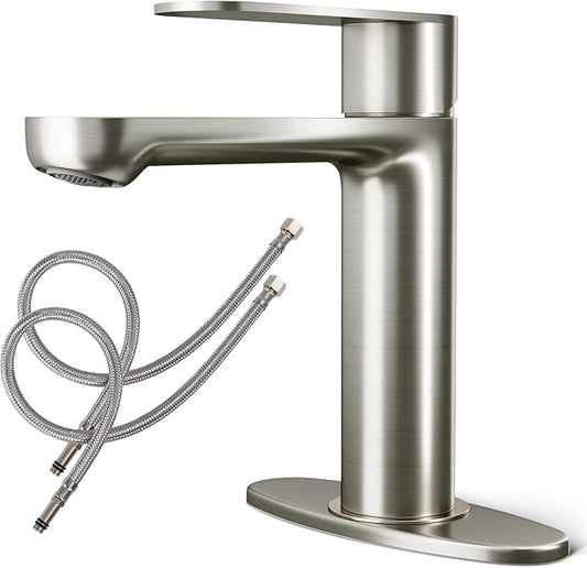 Single Hole Bathroom Faucet | 6.7" Brushed Nickel Single Handle Bathroom Faucet with 304 Stainless Steel Body, Spot-Free Finish & Anti-Splash | Premium Ceramic Valve, Easy Installation