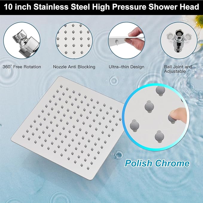 Midanya Shower Faucet Set,Wall Mount Shower System with Square Rain Shower Head and Hand Sprayer, Rough-in Valve Body and Trim Kit Included,10 Inch,Polish Chrome