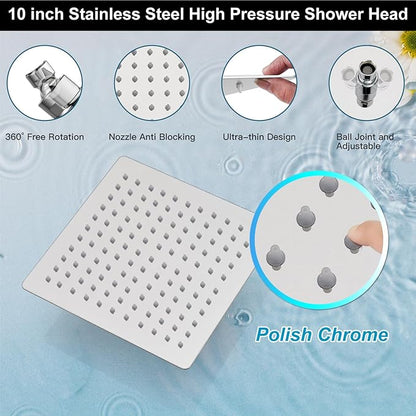Midanya Shower Faucet Set,Wall Mount Shower System with Square Rain Shower Head and Hand Sprayer, Rough-in Valve Body and Trim Kit Included,10 Inch,Polish Chrome
