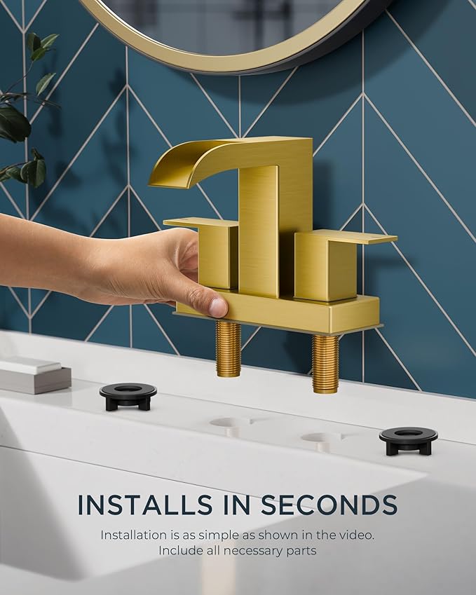 FORIOUS Square Brushed Gold Bathroom Faucets for 2 Hole or 3 Hole, Waterfall 4 Inch Centerset Bathroom Sink Faucet with Metal Pop-up Drain and Supply Lines, Two Handles for Vanity, Laundry Room, Basin