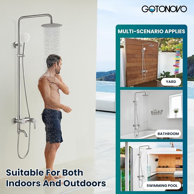 gotonovo Outdoor Shower Kit SUS304 Stainless Steel Brushed Nickel | Outside Shower Fixtures,8’’ Rain Head with Handheld Sprayer,Swivel Tub Spout,Indoor/Outdoor,Poolside,Backyard,Garden,Beach