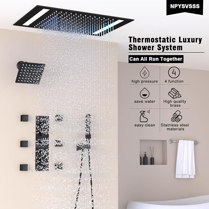 Thermostatic Shower System with 14x20 Inch Ceiling Mount LED Head & 6 Inch Wall Head and Handheld Shower 4 Function Vale with body jets, Oil Rubbed Bronz